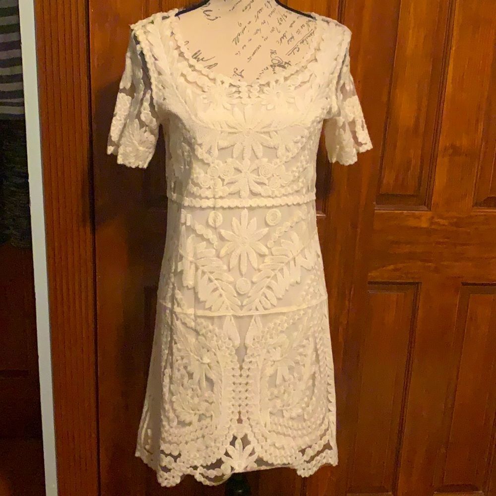 NWT Crochet Cream Dress with slip underneath. Size small